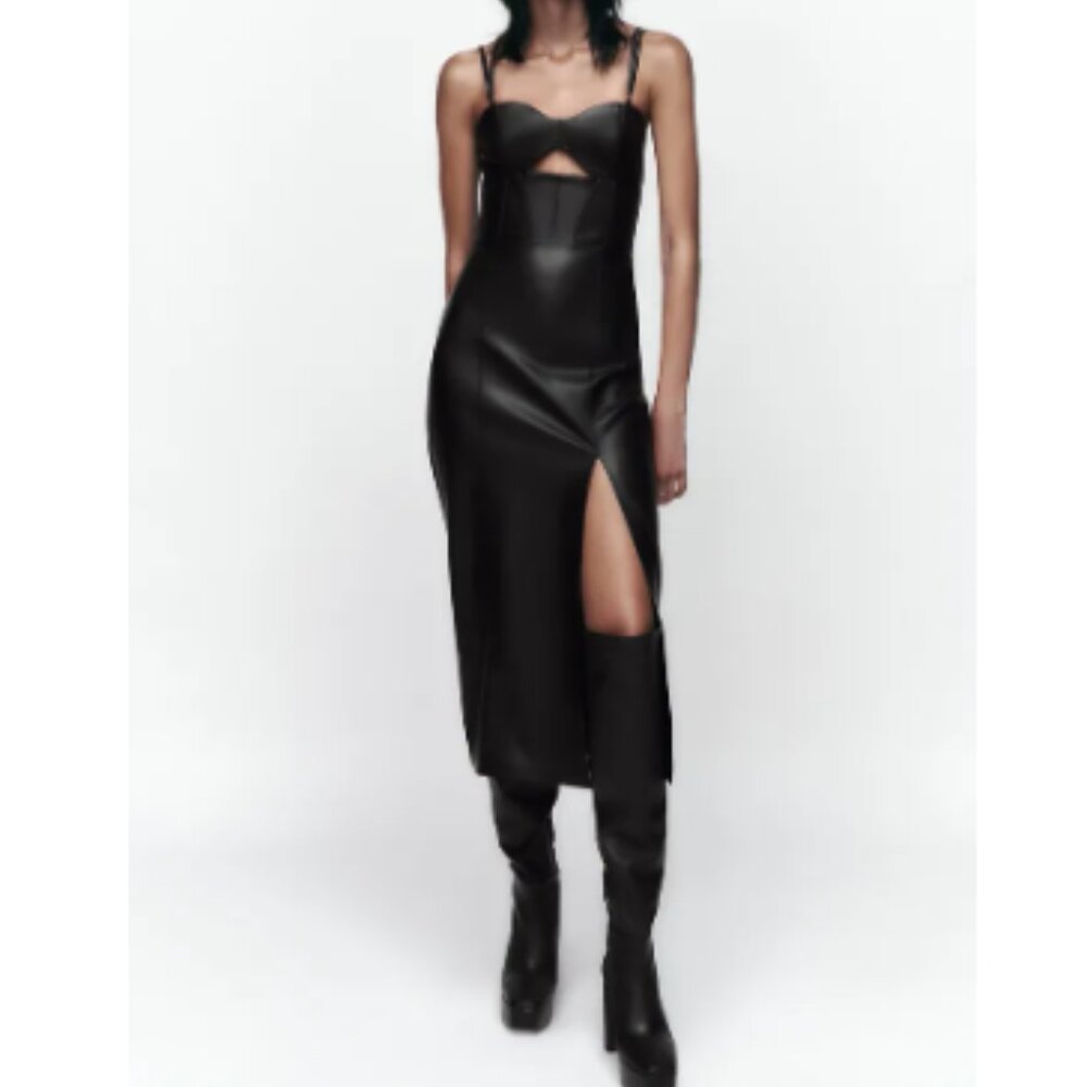 ZARA WOMEN BLACK TOPSTITCHED FAUX LEATHER MIDI DRESS SIZE S NWT